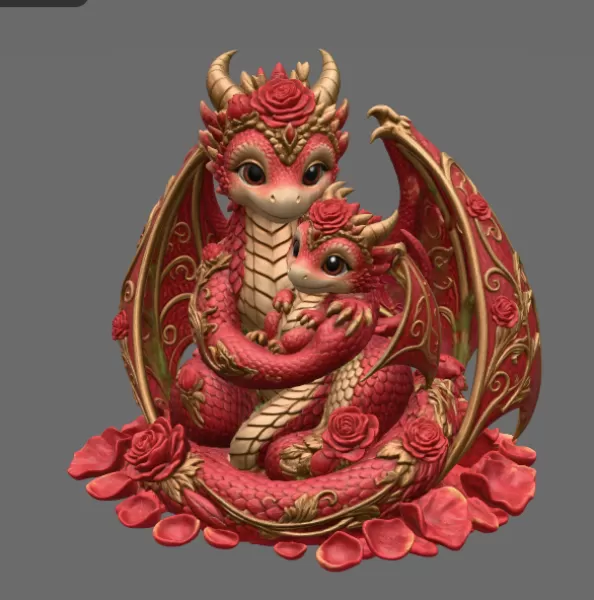 Rose Dragon Mother and Baby STL File for 3D Print - Model preview 8