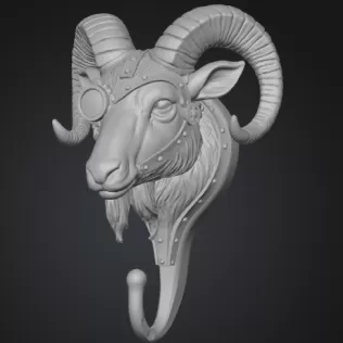 Steampunk Ram Head Wall Hook – 3D Printable STL - Model thumbnail 2