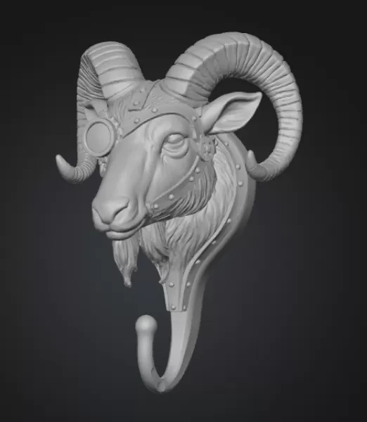 Steampunk Ram Head Wall Hook – 3D Printable STL - Model preview 2
