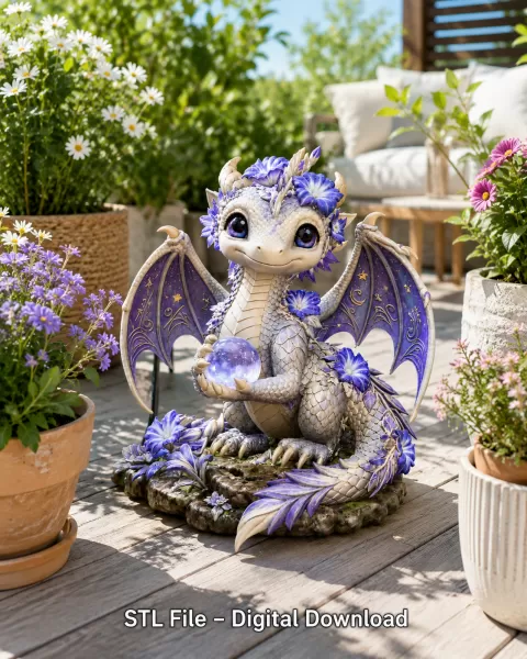 Cute Moonlight Dragon with Crystal Orb STL File for 3D Print - Model preview 3