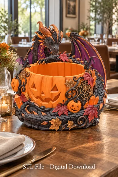 Halloween Dragon Pumpkin Bowl STL File for 3D Print - Model preview 5