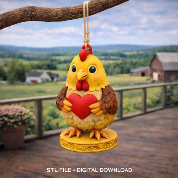 Cute Chicken / Rooster Pendant — Holding Heart - Model preview 7