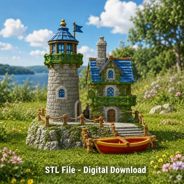 Coastal Lighthouse Cottage STL File for 3D Print - Model preview 1