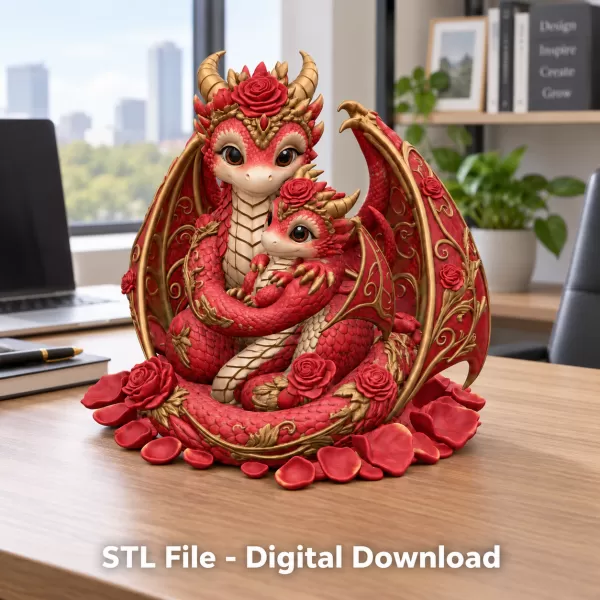 Rose Dragon Mother and Baby STL File for 3D Print - Model preview 4