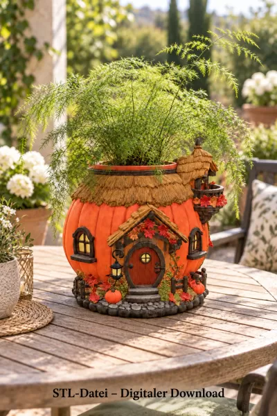 Autumn Pumpkin Cottage Planter STL File for 3D Print - Model preview 2