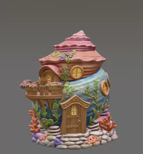 Seashell Cottage STL File 3D Printable Ocean Fantasy House - Model preview 3
