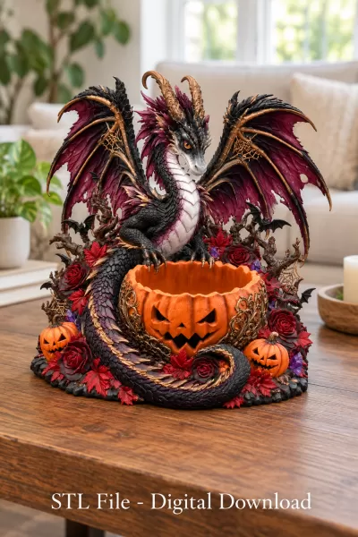 Gothic Halloween Dragon Pumpkin Bowl STL File for 3D Print - Model preview 1