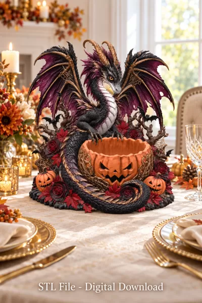 Gothic Halloween Dragon Pumpkin Bowl STL File for 3D Print - Model preview 3
