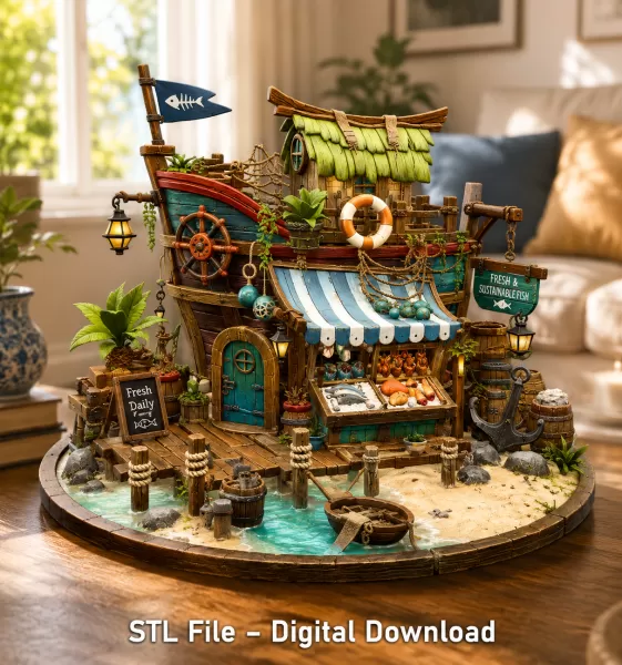Floating Fish Market Boat STL File for 3D Print - Model preview 4