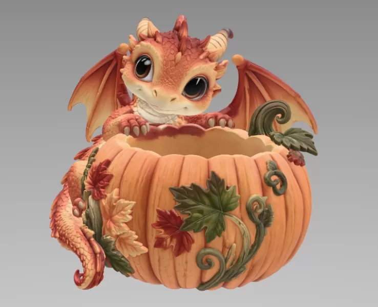 Autumn Baby Dragon Pumpkin Bowl STL File for 3D Print - Model preview 8