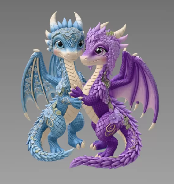 Romantic Floral Dragon Couple STL File for 3D Print - Model preview 8