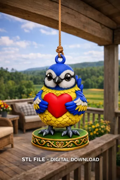 Cute Blue Bird with Heart STL – Adorable 3D Printable Ornament - Model preview 1