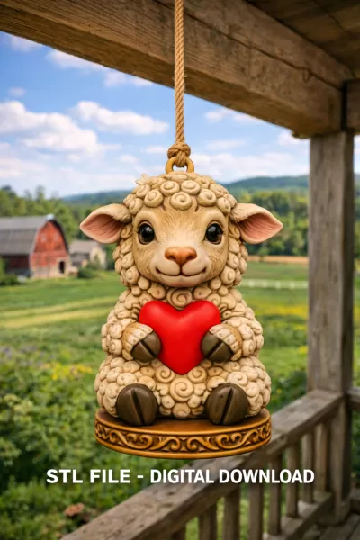 Adorable Lamb with Heart – Cute 3D Printable Figurine STL - Model preview 1