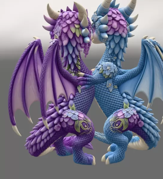 Romantic Floral Dragon Couple STL File for 3D Print - Model preview 10