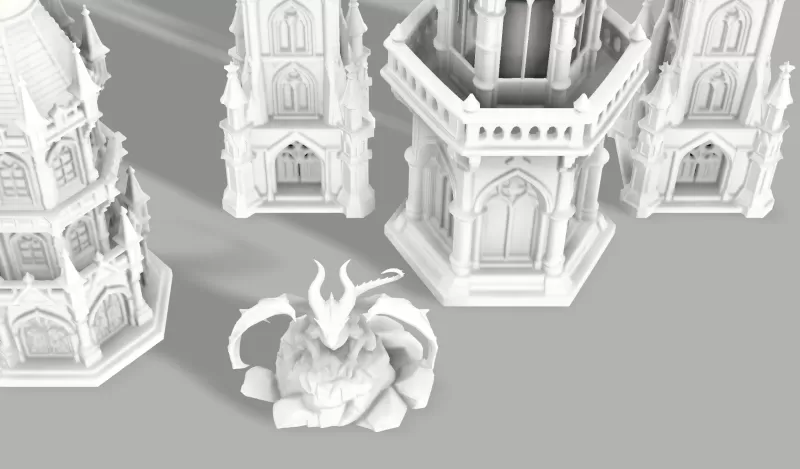 Complete Gothic Castle Set - 4 Towers + Dragon - Model preview 4
