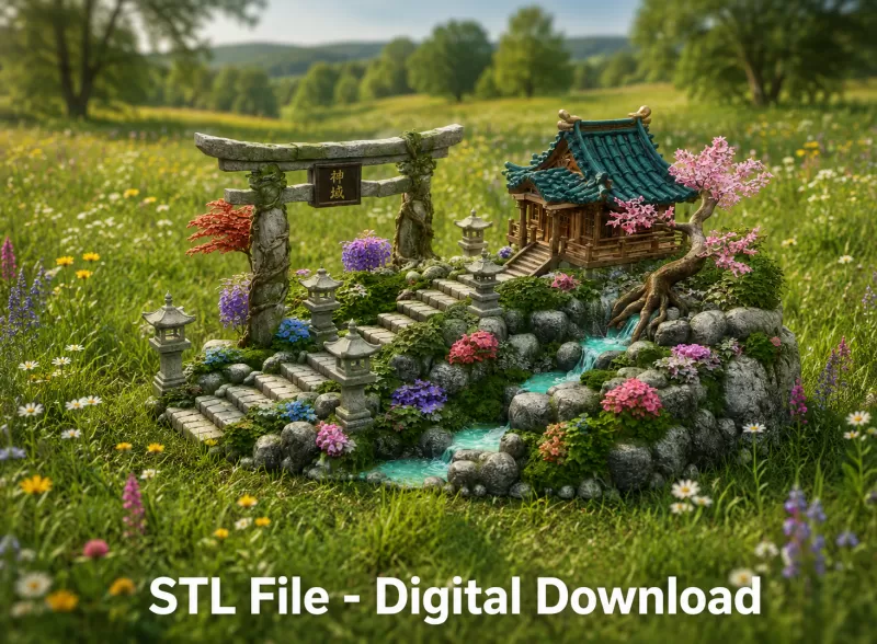 🏯 Japanese Sakura Shrine Garden STL File for 3D Print - Model preview 3