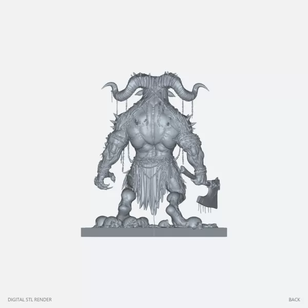 Horned Axe Warrior on Skull Base - STL - Model preview 4