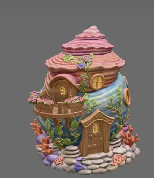 Seashell Cottage STL File 3D Printable Ocean Fantasy House - Model preview 6