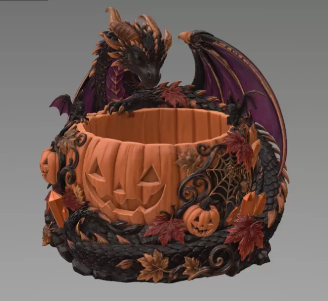 Halloween Dragon Pumpkin Bowl STL File for 3D Print - Model preview 7