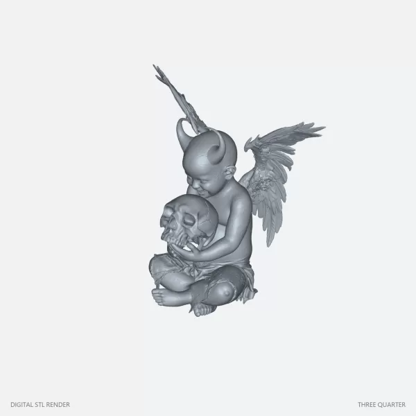 Horned Winged Cherub with Skull - STL - Model preview 2