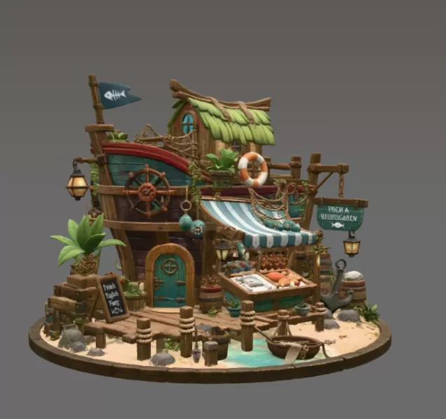 Floating Fish Market Boat STL File for 3D Print - Model preview 7