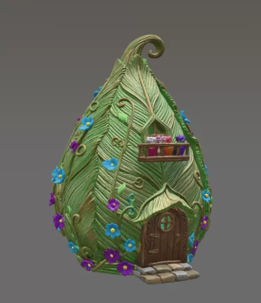 Enchanted Leaf Fairy House STL File 3D Printable Fantasy Cottage - Model preview 7