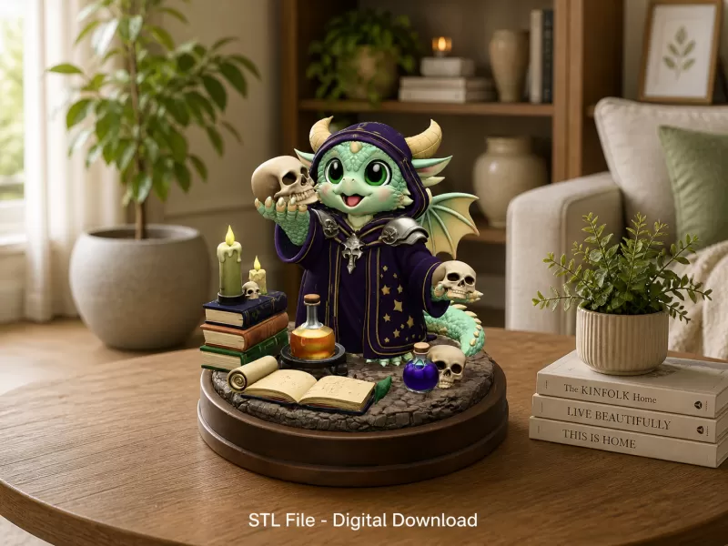 Cute Fantasy Mage Dragon STL File for 3D Printing - Model preview 2