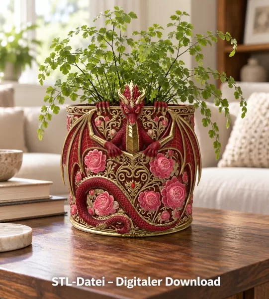 Red Floral Dragon Flower Pot STL File for 3D Print - Model preview 1