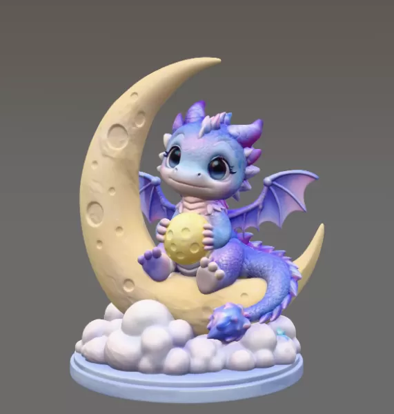 Moon Baby Dragon STL File 3D Printable Fantasy Dragon Figurine - Model preview 3