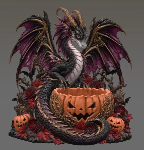 Gothic Halloween Dragon Pumpkin Bowl STL File for 3D Print - Model preview 12
