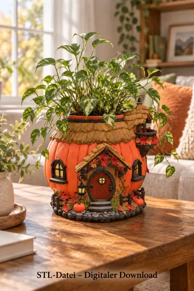 Autumn Pumpkin Cottage Planter STL File for 3D Print - Model preview 1