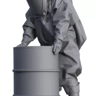 Figure firefighter in protective suit with barrel