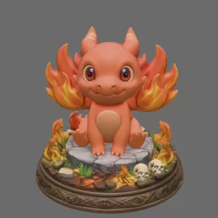 Fire Baby Dragon STL File 3D Printable Cute Fire Dragon Figurine - Model thumbnail 3