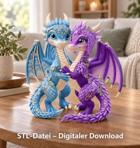 Romantic Floral Dragon Couple STL File for 3D Print - Model preview 1
