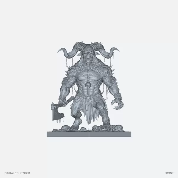 Horned Axe Warrior on Skull Base - STL - Model preview 1