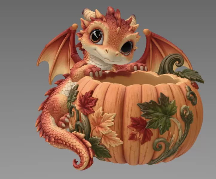 Autumn Baby Dragon Pumpkin Bowl STL File for 3D Print - Model preview 6