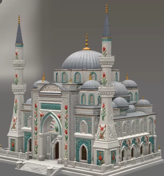 Blue Dome and Twin Minaret Architecture STL File for 3D Print - Model preview 9