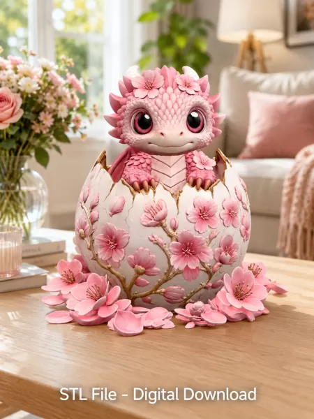 Cherry Blossom Baby Dragon in Egg STL File for 3D Print - Model preview 6
