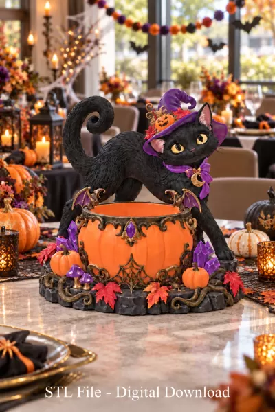 Halloween Witch Cat Pumpkin Bowl STL File for 3D Print - Model preview 1