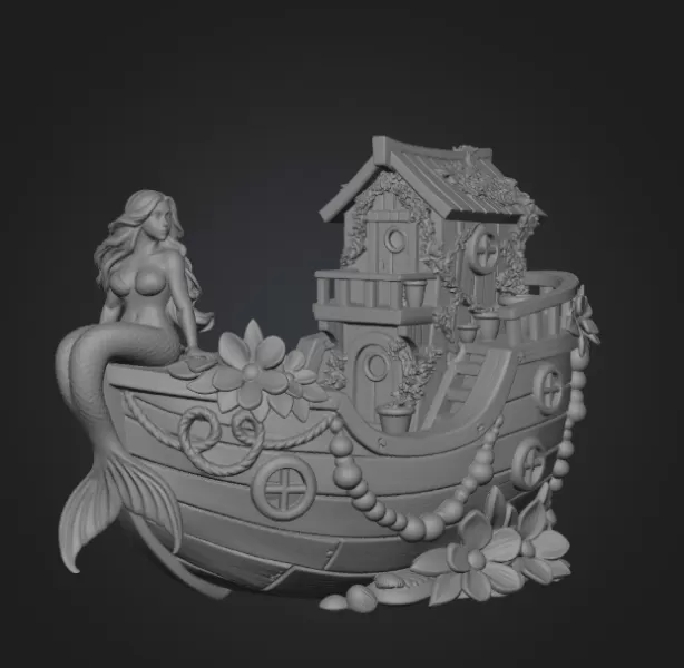 Mermaid Boat House STL File 3D Printable Fantasy Mermaid Scene - Model preview 12