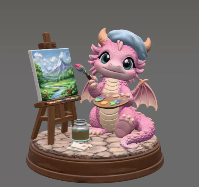 Cute Artist Dragon STL File for 3D Print - Model preview 3