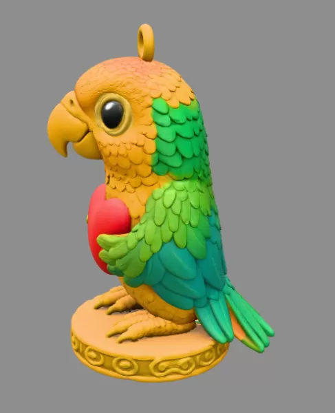 Colorful Parrot Pendant Holding a Heart – Cute Bird Pendant - Model preview 3