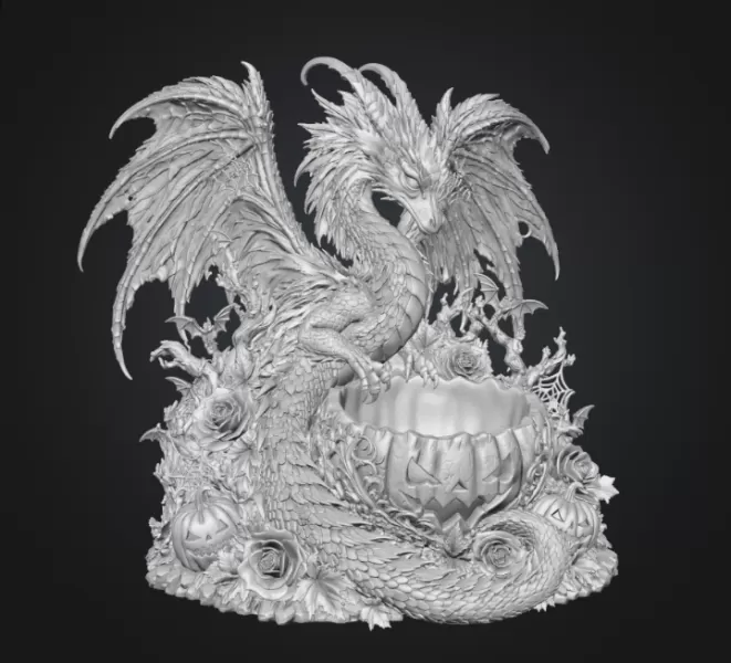 Gothic Halloween Dragon Pumpkin Bowl STL File for 3D Print - Model preview 16
