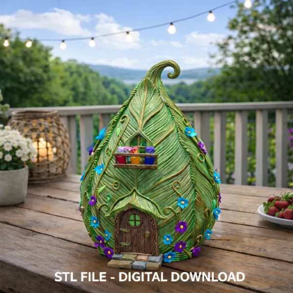 Enchanted Leaf Fairy House STL File 3D Printable Fantasy Cottage - Model preview 1