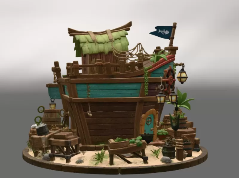 Floating Fish Market Boat STL File for 3D Print - Model preview 10