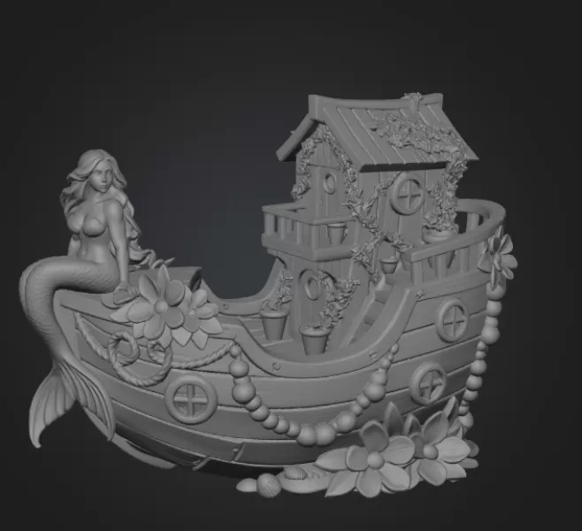 Mermaid Boat House STL File 3D Printable Fantasy Mermaid Scene - Model preview 8
