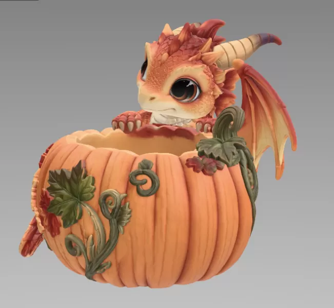 Autumn Baby Dragon Pumpkin Bowl STL File for 3D Print - Model preview 10