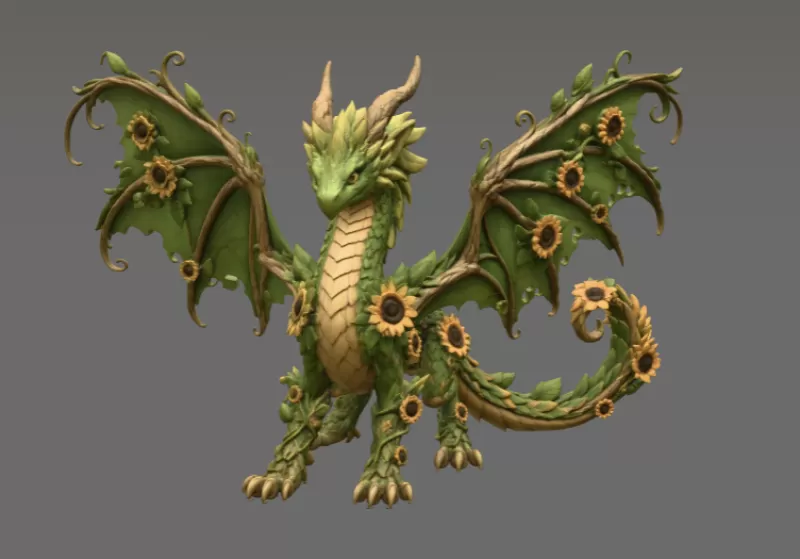Sunflower Meadow Dragon STL File for 3D Print - Model preview 4