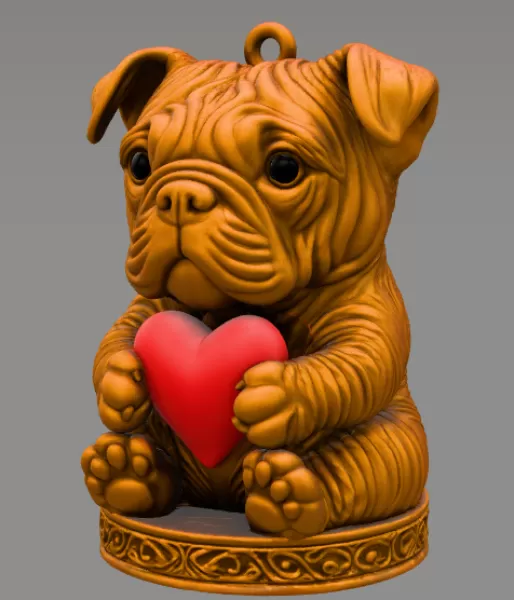 Cute Bulldog Puppy Pendant — Heart Holding Figurine - STL file - Model preview 2
