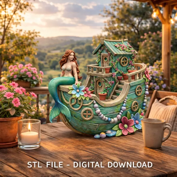 Mermaid Boat House STL File 3D Printable Fantasy Mermaid Scene - Model preview 2